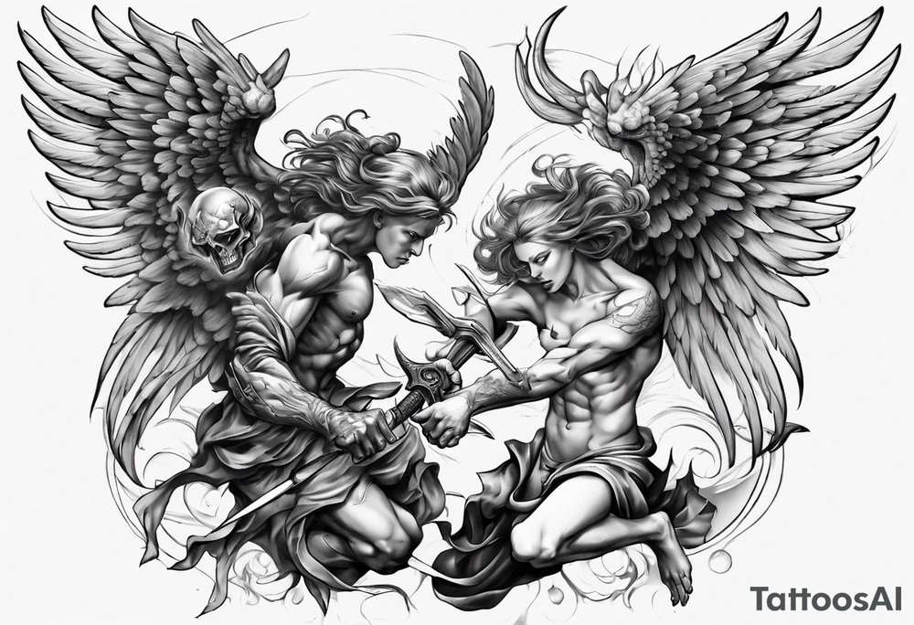 Archangel fighting demon tattoo idea