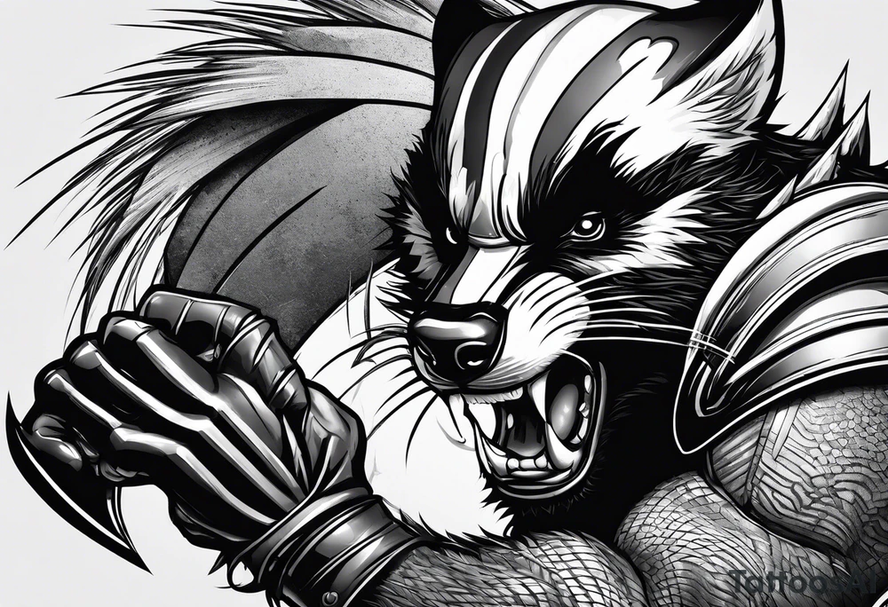 Draw me badger/wolverine with aggressive full body show, killer face with cute smile, very long nails and he attacks like a gladiator to enemy and also he has very deadly looking tattoo idea