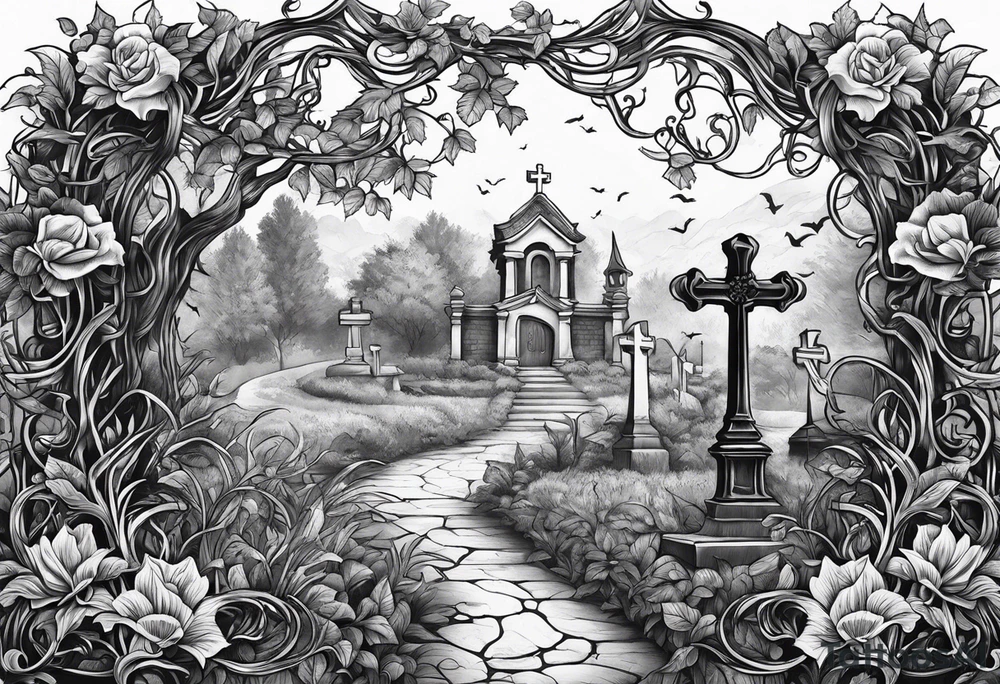 Leafy vines with grave yard tattoo idea
