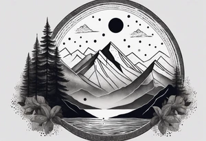 Mountain Massif, one Peak, only peak surrounded woth semi circle dashed Line, in semi circle two littel fine Stars, waves overlapping in Side, Open geometrical Forms Like Diamond with Open lines tattoo idea