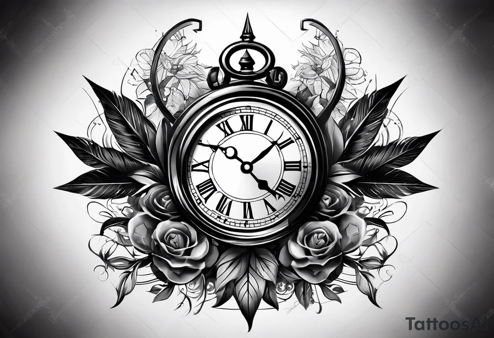 draw me a tattoo with an old clock and a compass rose. shadows of roman numerals are in the background. it is a tattoo located on the left shoulder of a man. it is black and white. tattoo idea