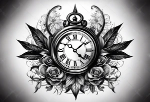 draw me a tattoo with an old clock and a compass rose. shadows of roman numerals are in the background. it is a tattoo located on the left shoulder of a man. it is black and white. tattoo idea