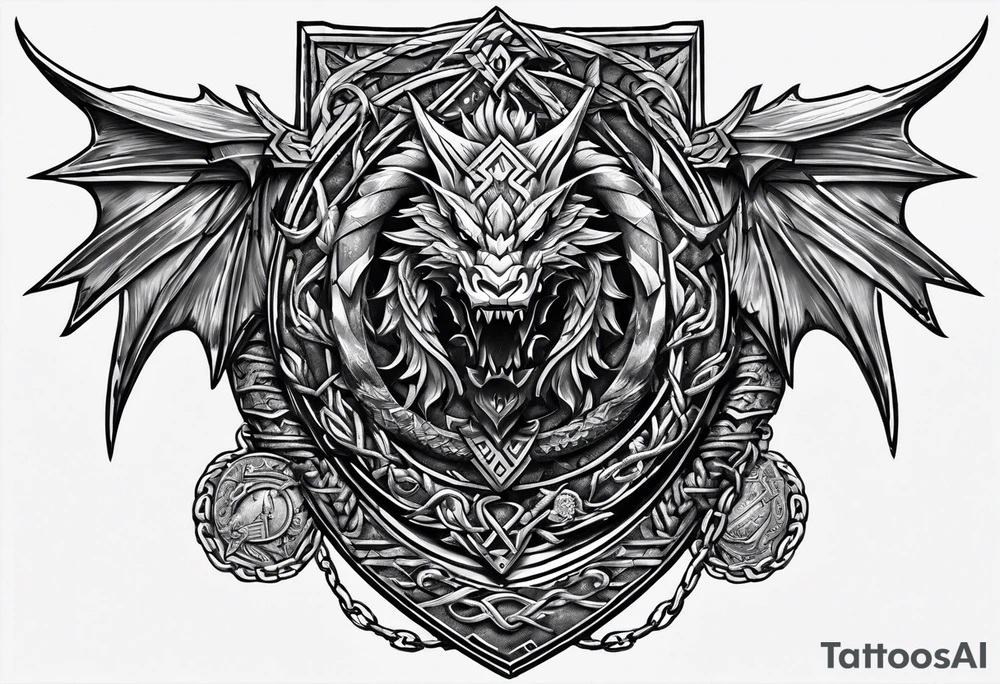 Valhalla sword shield dragon axe Valknut barbed wire chains tattoo idea