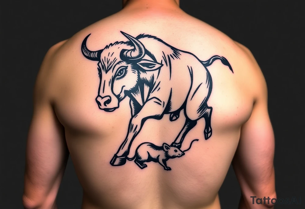 I want a tattoo with a bull with its horns down running full body chasing a rat on my lower back like cartoon tattoo idea