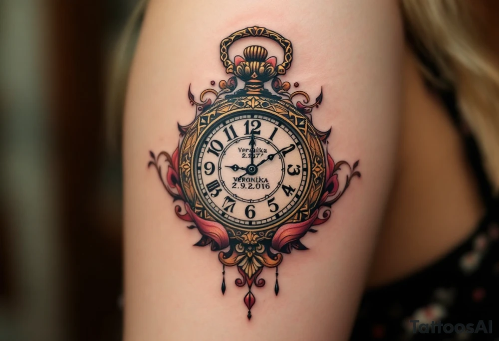 Ornate pocket watch tattoo showing 13:37 and "Veronika – 2.9.2016" in warm sepia tones. tattoo idea