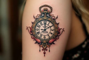 Ornate pocket watch tattoo showing 13:37 and "Veronika – 2.9.2016" in warm sepia tones. tattoo idea