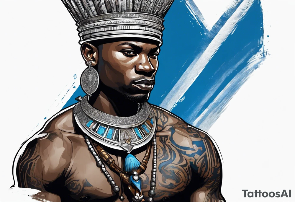 Black-skinned bald african warrior king with a simple silver crown. He uses blue necklaces and has a sword tattoo idea