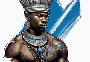 Black-skinned bald african warrior king with a simple silver crown. He uses blue necklaces and has a sword tattoo idea