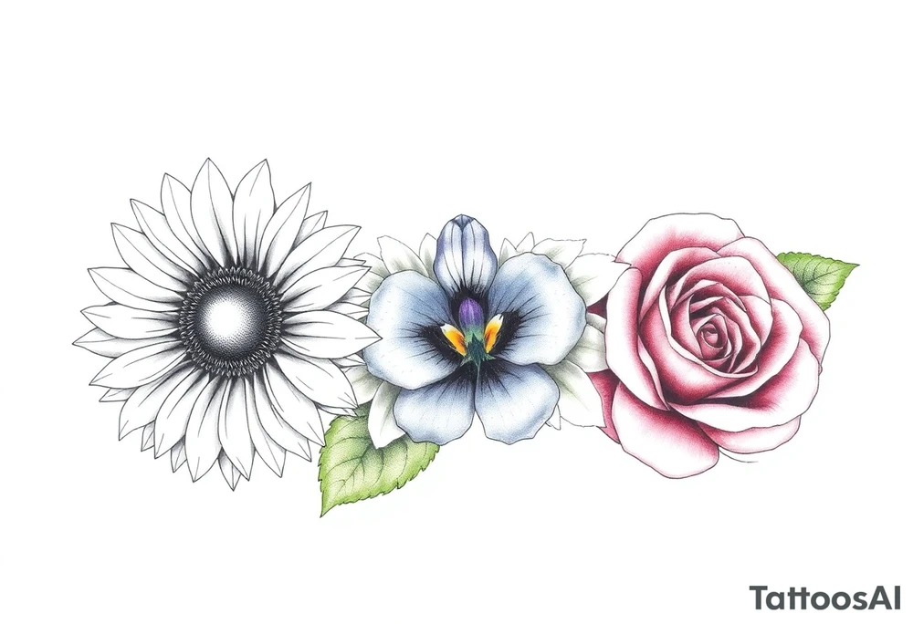 Sunflower, Violet and a Rose flowers tattoo idea