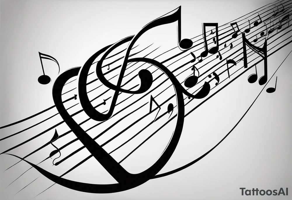 Minimalist line work tattoo, depicting musical
Notes and the letters “R” and “L”. tattoo idea