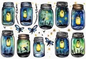Fireflies flying out of a mason jar and all around the mason jar tattoo idea