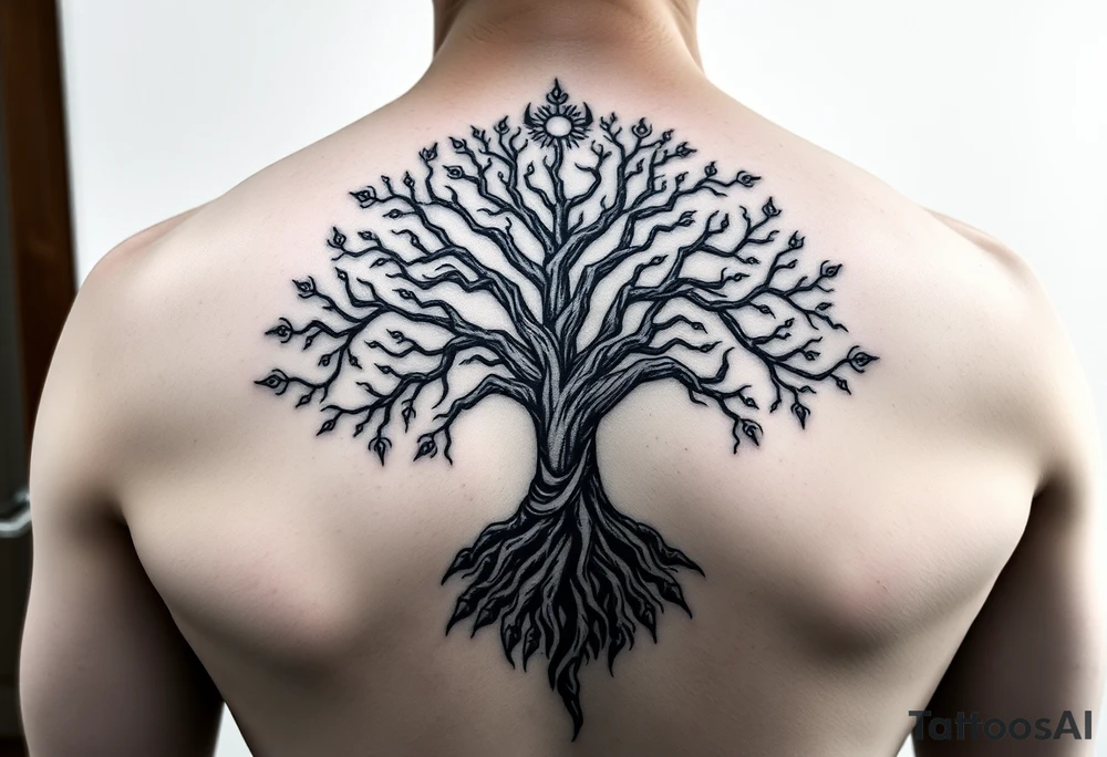 mystical tree of life with cosmic roots and celestial branches tattoo idea