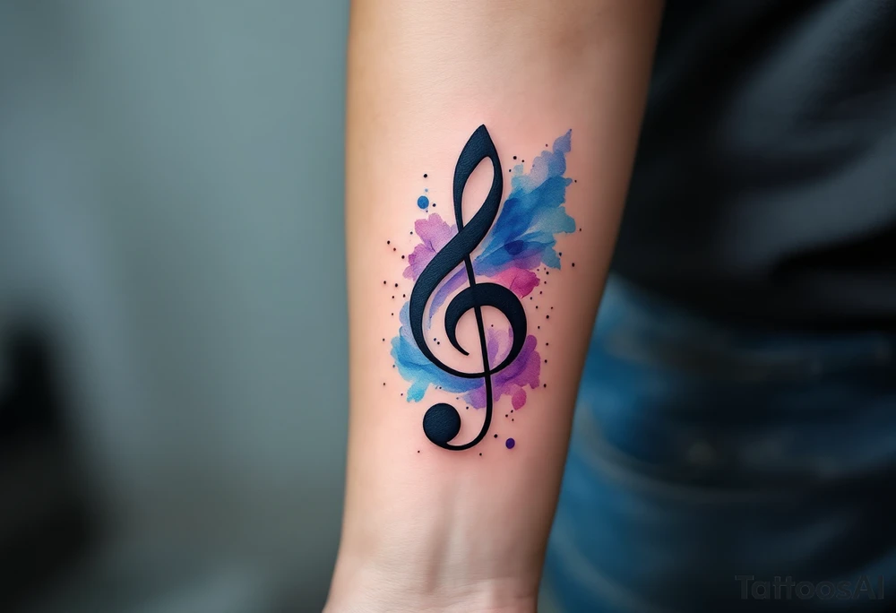 Treble Clef and Watercolor Swirl – A bold treble clef in black, surrounded by a swirl of soft blue, purple, and pink watercolor, representing the fluidity and emotion of music. tattoo idea