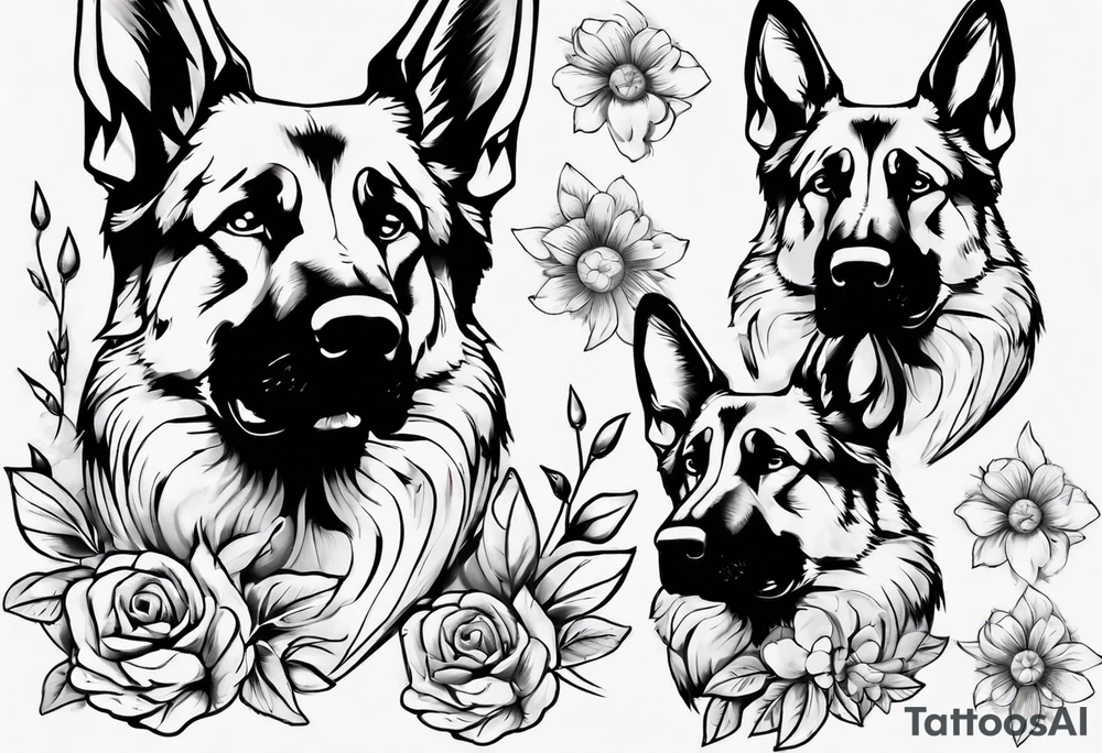 German Shepherd with flowers tattoo idea