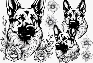 German Shepherd with flowers tattoo idea