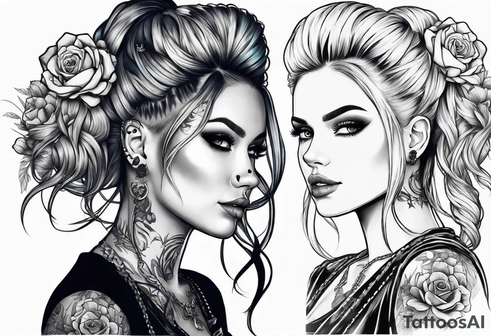 feminine skull and cross bones with hair in two blonde pigtails tattoo idea