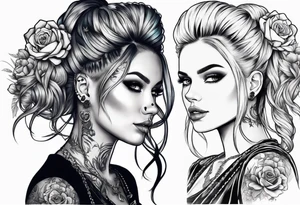 feminine skull and cross bones with hair in two blonde pigtails tattoo idea