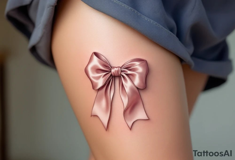 An elegant satin bow tattoo, tied in a perfect knot with gracefully flowing tails, symbolizing unity and everlasting love. The bow is rendered in a soft blush pink with gentle highlights, creating a realistic silk-like sheen. Subtle shadows add depth, making the fabric appear delicately folded. The knot at the center is slightly darker, emphasizing its structure and strength. tattoo idea