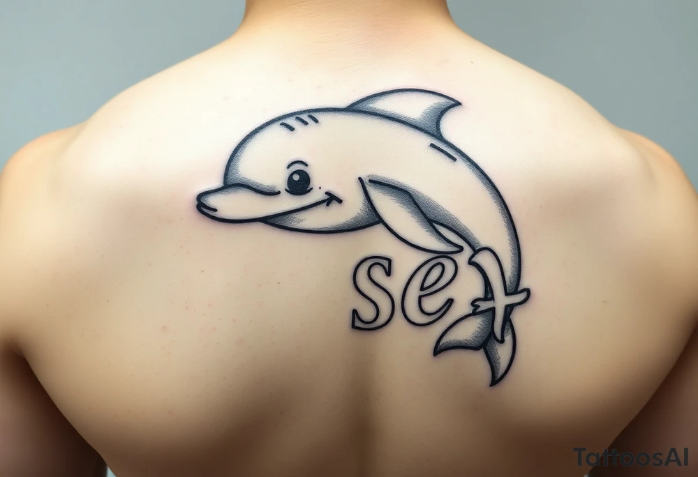 Cartoon dolphin with a mischievous face humping the word sex tattoo idea