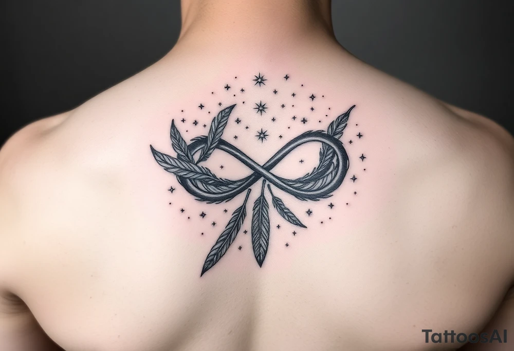 infinity symbol woven with floating feathers and stardust tattoo idea