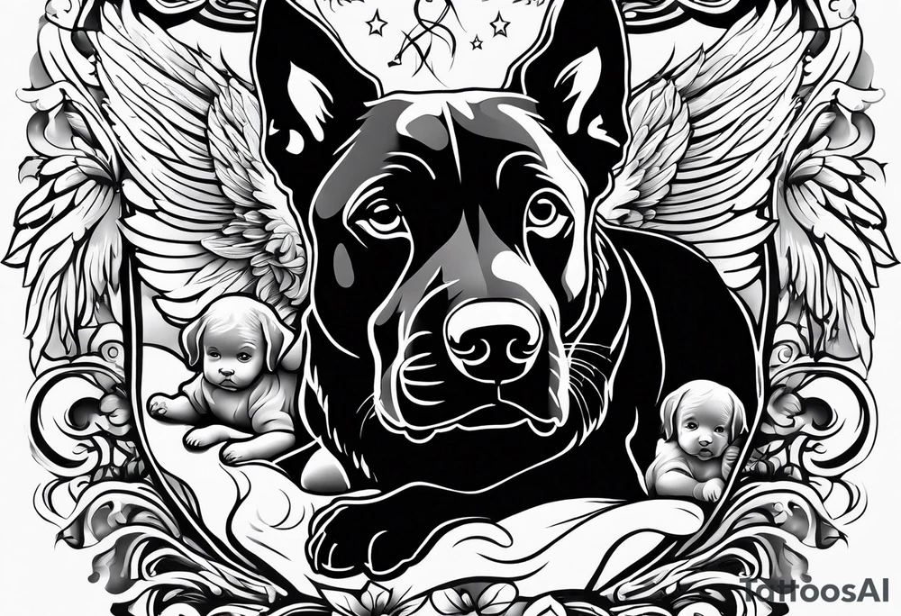 Black dog guarding human infants (the infants are angels) tattoo idea
