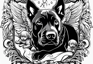 Black dog guarding human infants (the infants are angels) tattoo idea