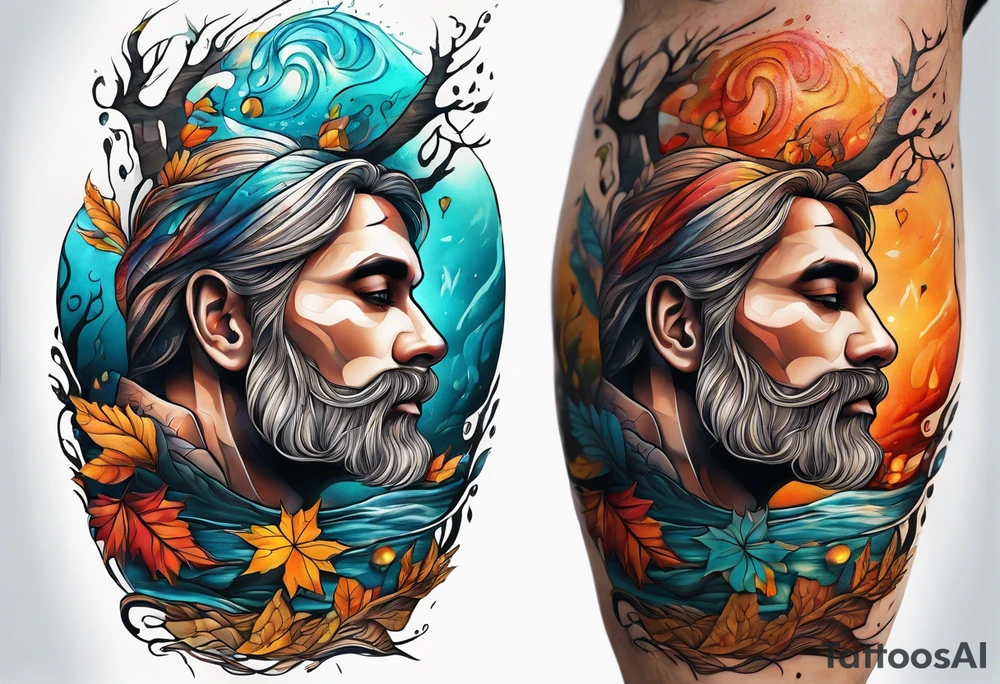 knee tattoo in fall colors with bluw water flow tattoo idea