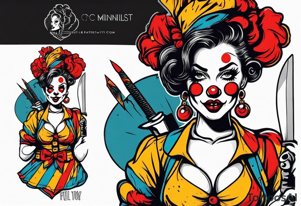 full body female pin up clown holding knife tattoo idea