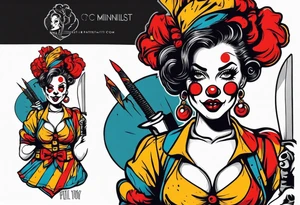 full body female pin up clown holding knife tattoo idea