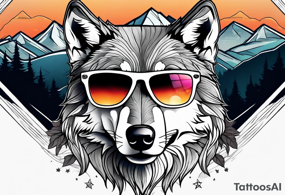 Badass wolf wearing sunglasses
Dark woods
Mountain peaks
Sunset tattoo idea