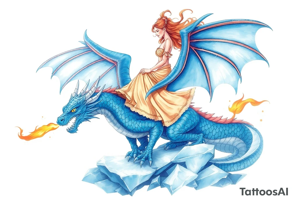 Woman riding a blue fire breathing dragon with wings spread and flying over ice tattoo idea