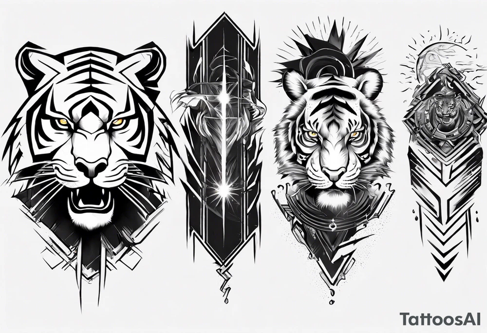 tiger warrior with lightning and the sun for a forearm sleeve tattoo idea