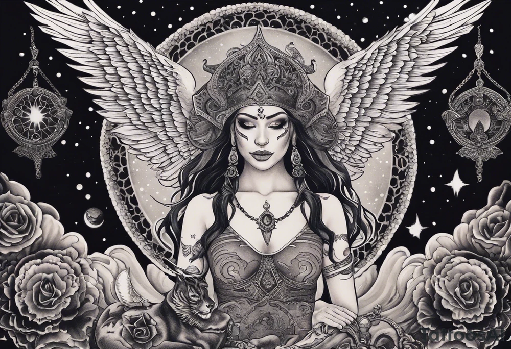 black kali, goddess pirate, alien, angel, pachamama, valkrye, warrior, flying, skull, lotus azul, wing, eagle, zenza resonance, stars, 5D, anahata chakra, death, durga, riding on a tiger, flying lady, chest tatoo tattoo idea