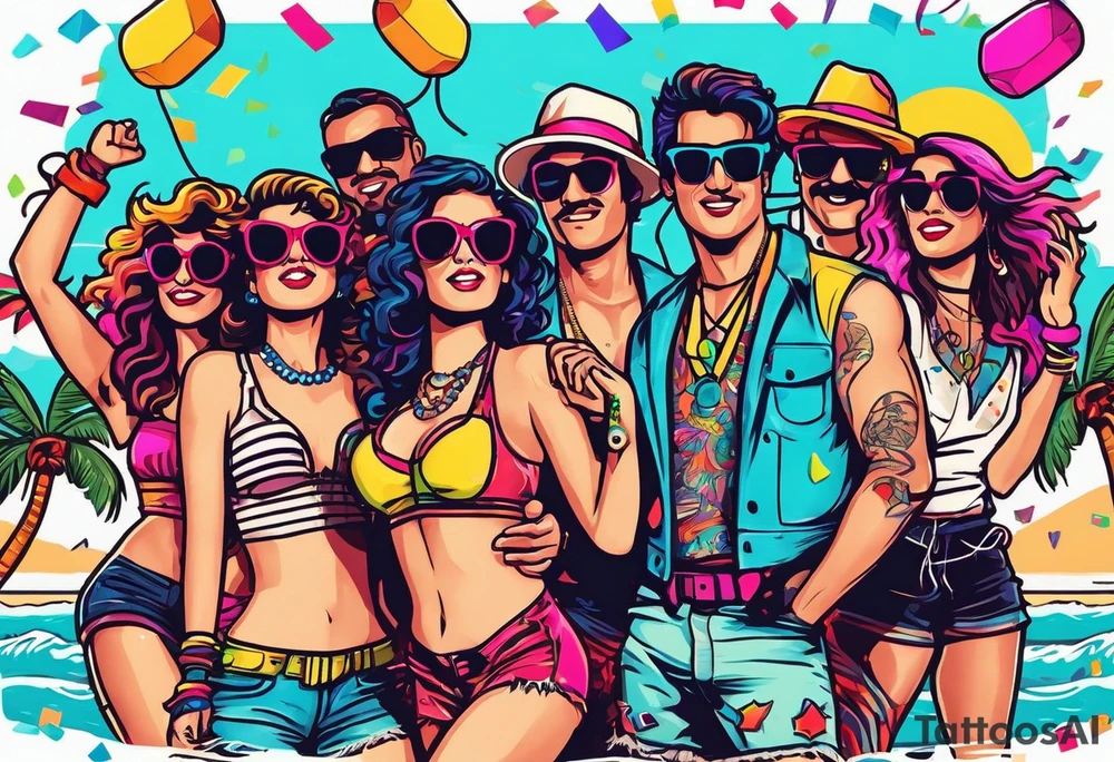1980's style dance party with boom box and confetti in a beach theme. include people in 80's miami beach clothes, music note. tattoo idea