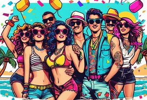 1980's style dance party with boom box and confetti in a beach theme. include people in 80's miami beach clothes, music note. tattoo idea