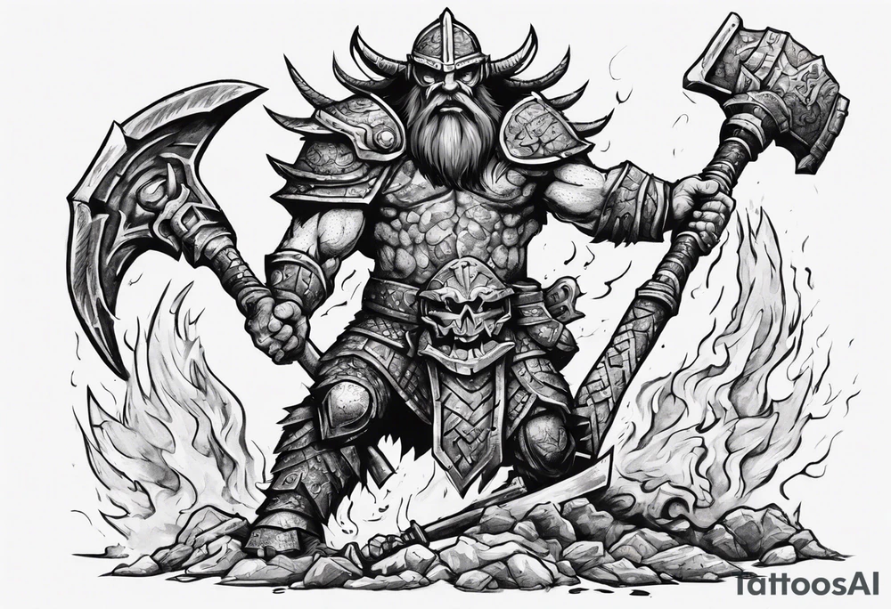 dwarven warrior with a war axe fighting against a dragon in the pit of hell with an aztec warrior tattoo idea