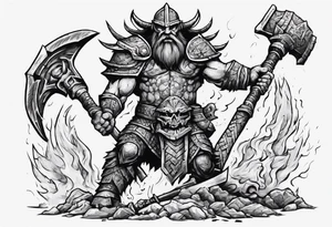 dwarven warrior with a war axe fighting against a dragon in the pit of hell with an aztec warrior tattoo idea