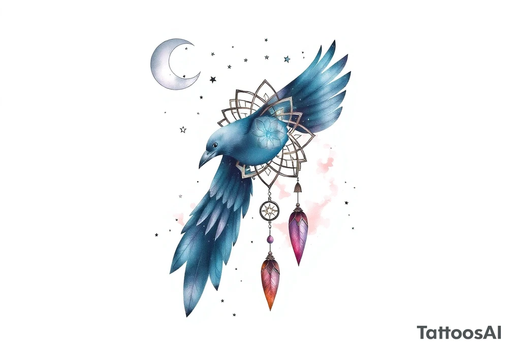 Raven dream catcher milky way moon shooting star tattoo idea