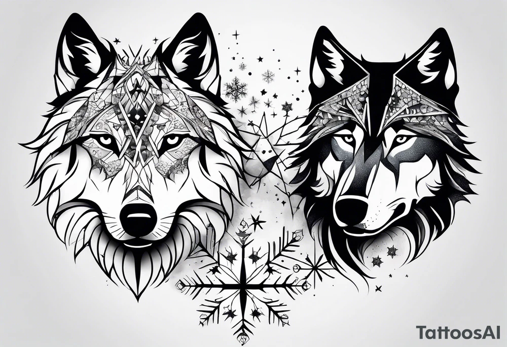 Constellation, two animal wolf, snowflake tattoo idea