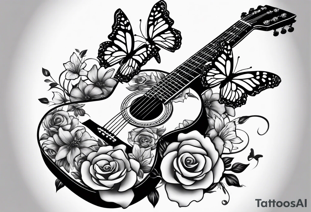 Guitar with flowers growing off the side, butterflies tattoo idea
