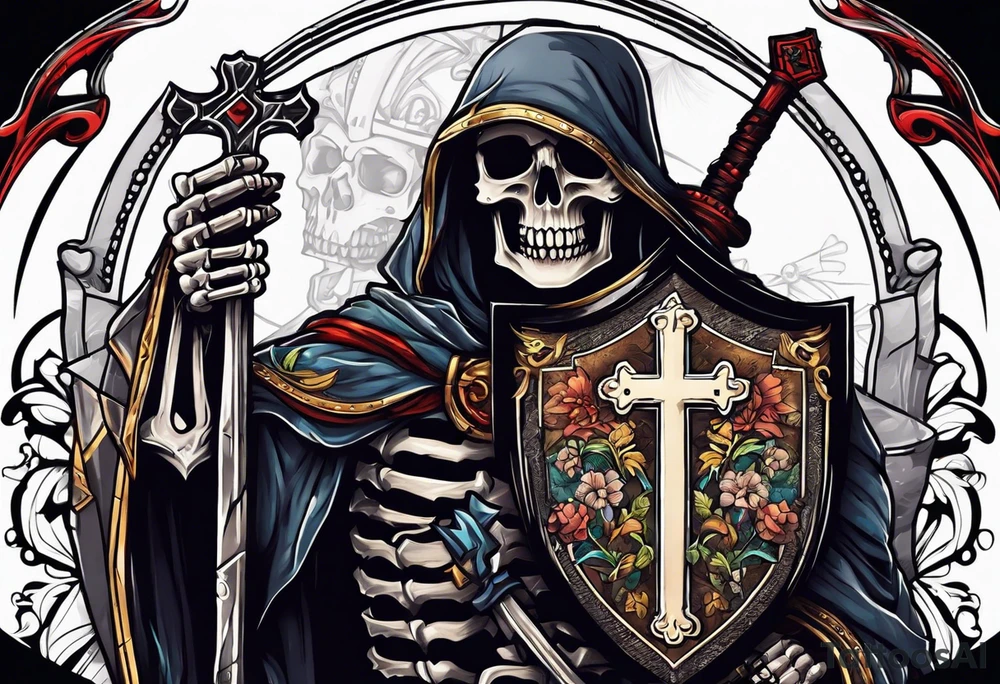 skeleton holding a shield with a cross on it tattoo idea