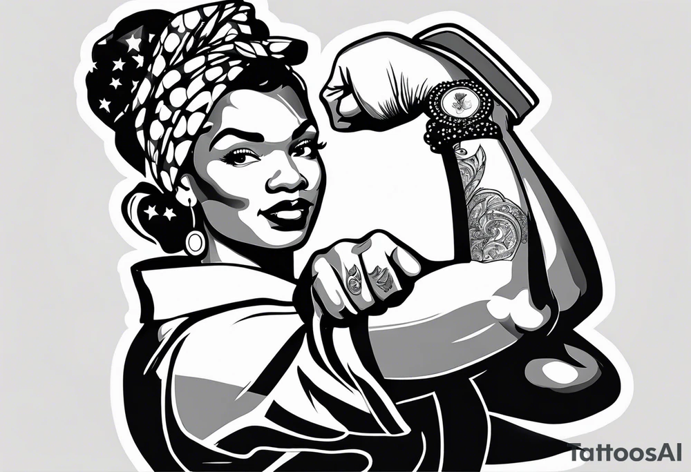 Beautiful black Rosie the riveter, making a muscle, realistic, wearing a bandanna, tied backwards, tattoo idea