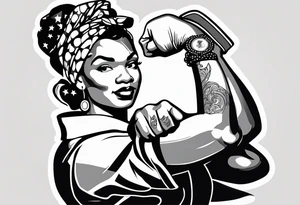 Beautiful black Rosie the riveter, making a muscle, realistic, wearing a bandanna, tied backwards, tattoo idea