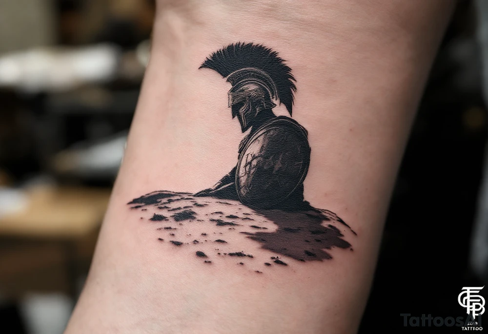 The Gladiator’s Shadow – A black-and-gray realism tattoo of a gladiator’s silhouette on the arena sand, cast by the setting sun. His helmet and shield rest on the ground, symbolizing either death or freedom after battle. tattoo idea