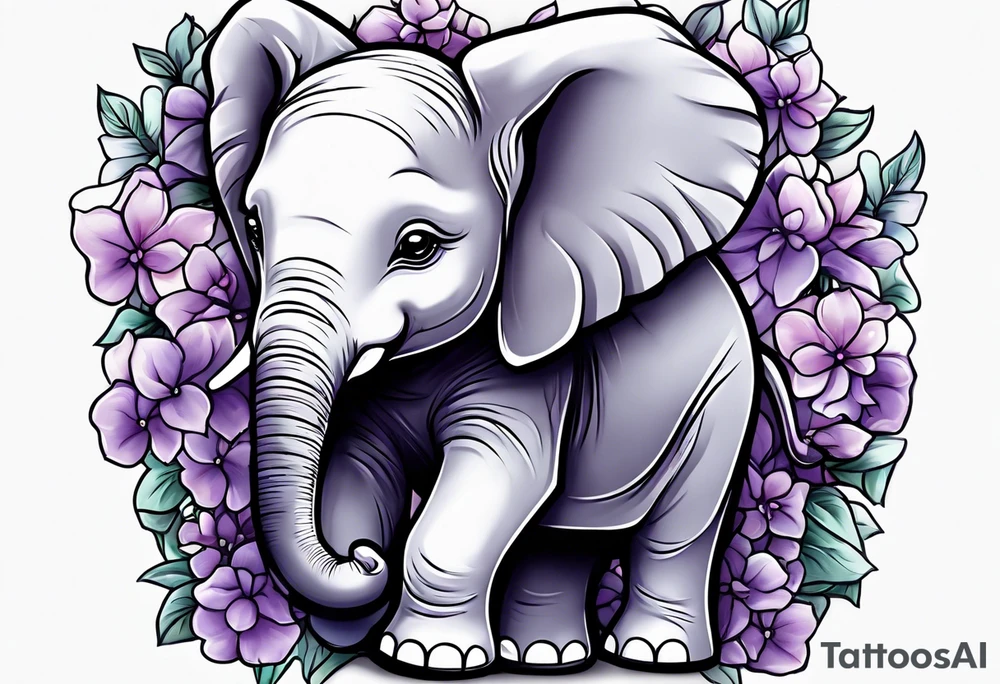 Baby elephant sitting with lilacs in its trunk tattoo idea