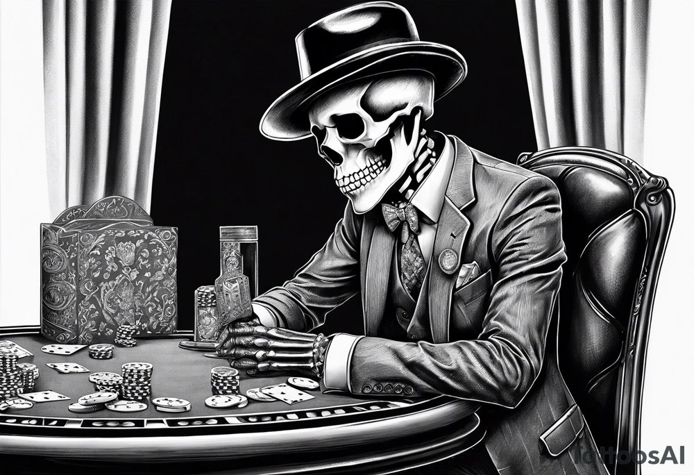 skeleton in suit, with hat, sitting at the table, holding poker tokens tattoo idea