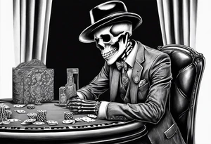skeleton in suit, with hat, sitting at the table, holding poker tokens tattoo idea