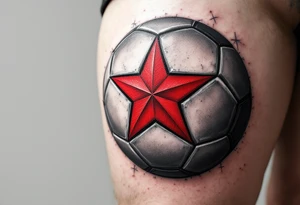 A realistic soccer ball shaded in black and gray, with the red Slavia Praha star boldly overlaying the center. tattoo idea