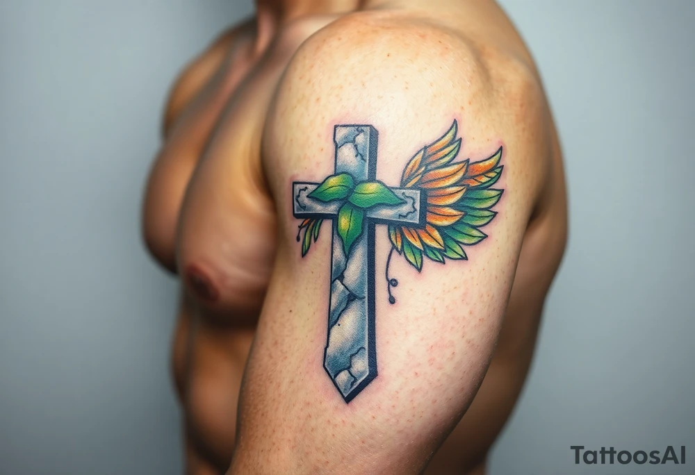 A moss-covered stone cross, with soft green and gold wings resembling leaves in autumn tattoo idea