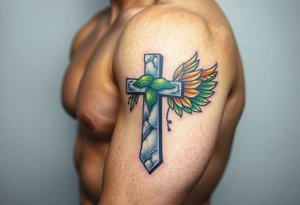 A moss-covered stone cross, with soft green and gold wings resembling leaves in autumn tattoo idea